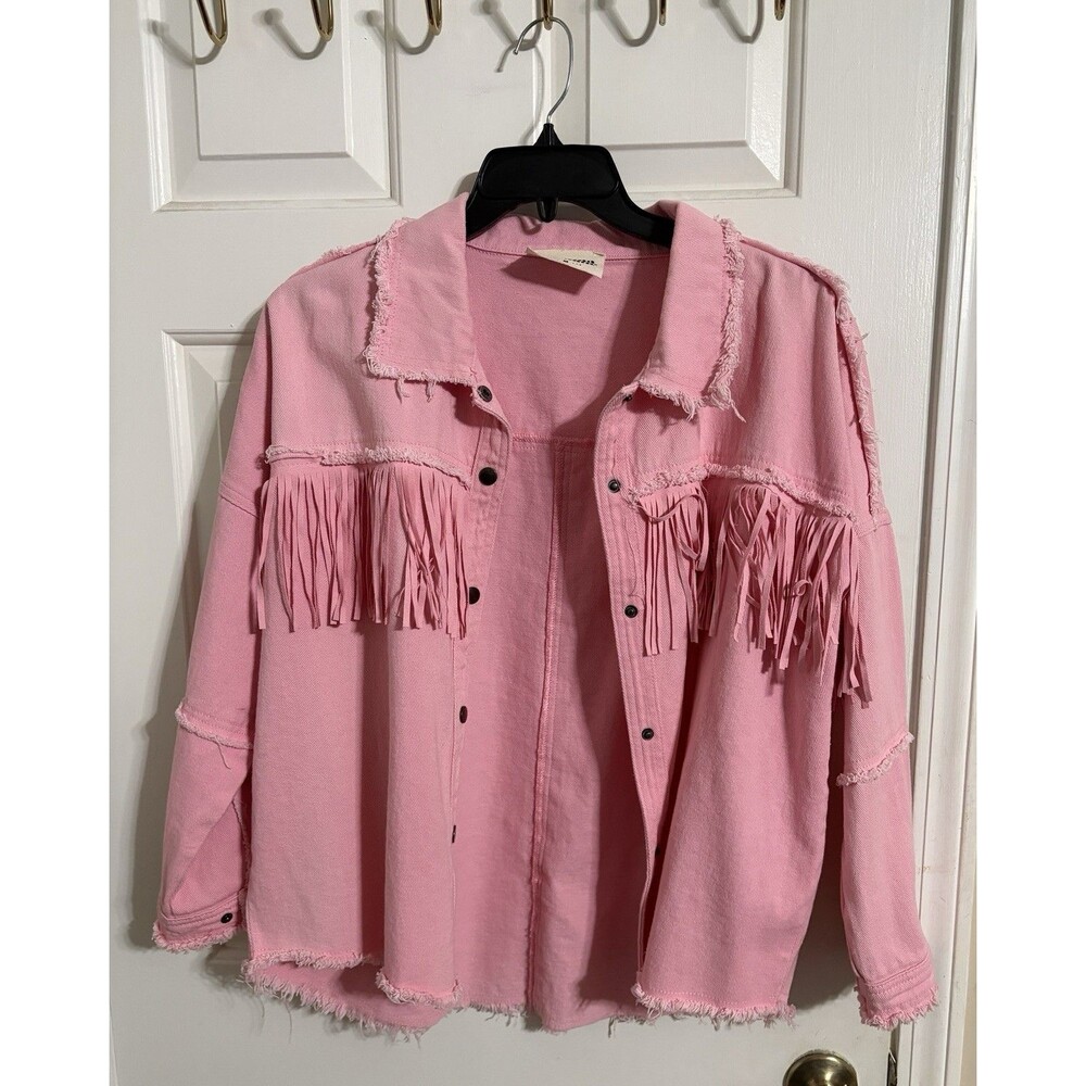 Savanna Jane Pink Denim Fringe Shacket